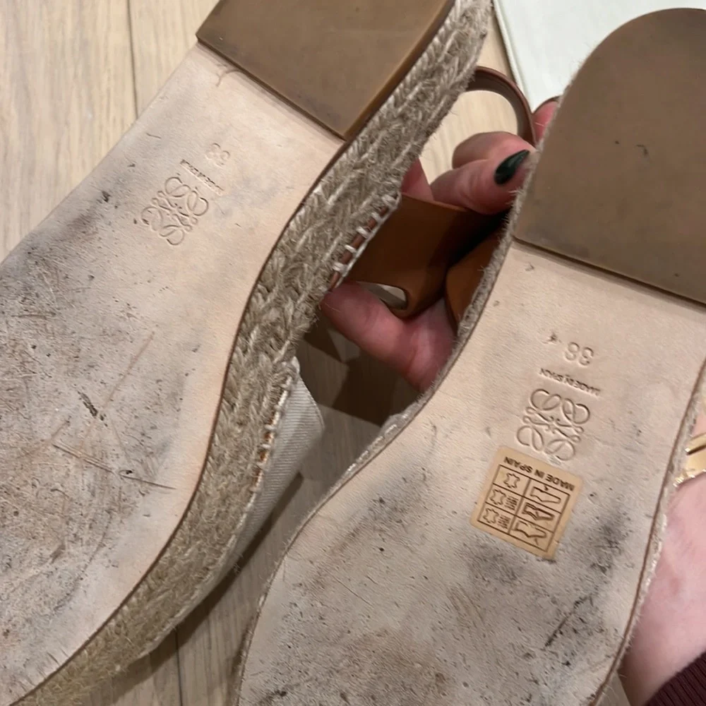 Loewe White & Blue Leather Espadrille Sandals with Tan Ankle Strap